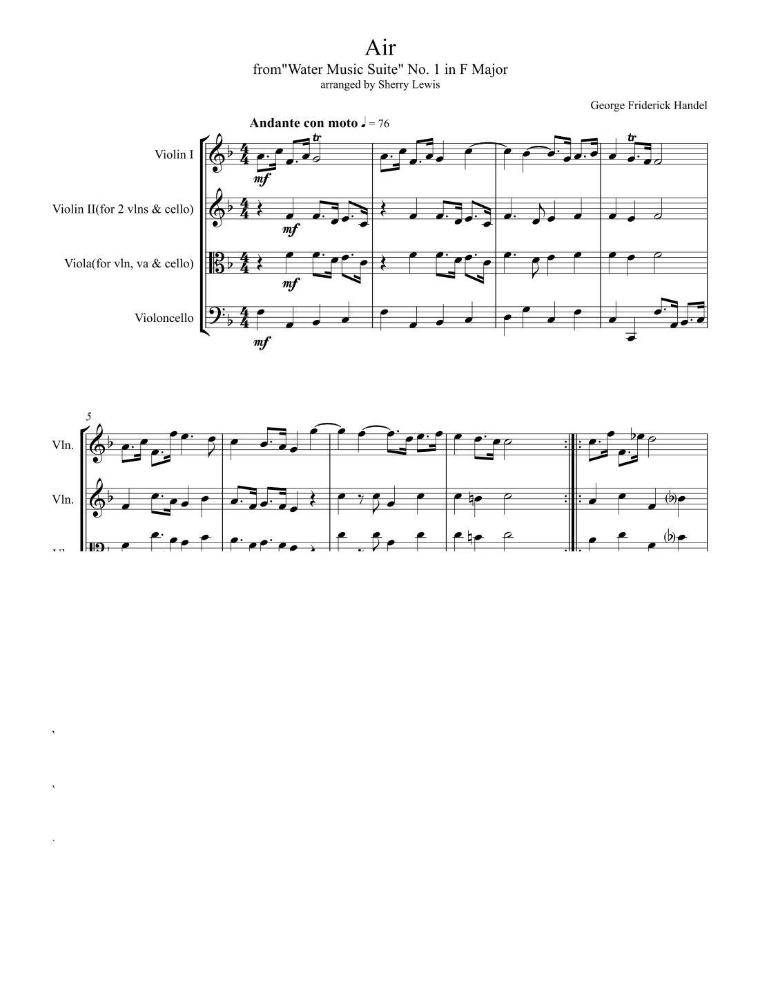 AIR from Water Music String Trio, Intermediate Level for 2 violins and cello or violin, viola and ce (arr. Sherry Lewis Publishing)