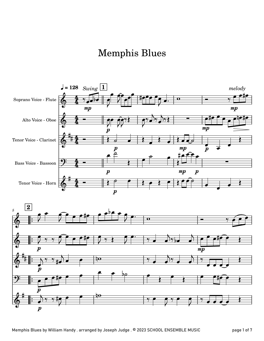 Memphis Blues by Handy for Woodwind Quartet in Schools (arr. Joseph Judge)