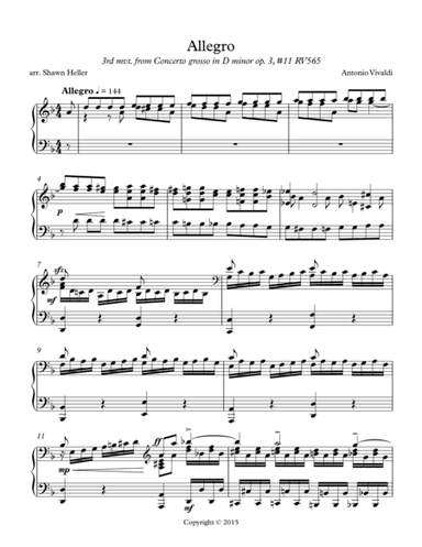 Allegro (3rd mvt.) from Concerto grosso, op. 3, #11 in D minor, RV565, Piano Solo arr. Shawn Heller (arr. Shawn Heller)