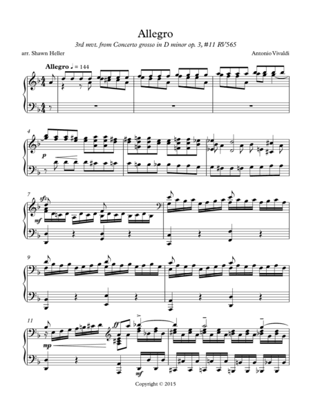 Allegro (3rd mvt.) from Concerto grosso, op. 3, #11 in D minor, RV565, Piano Solo arr. Shawn Heller (arr. Shawn Heller)