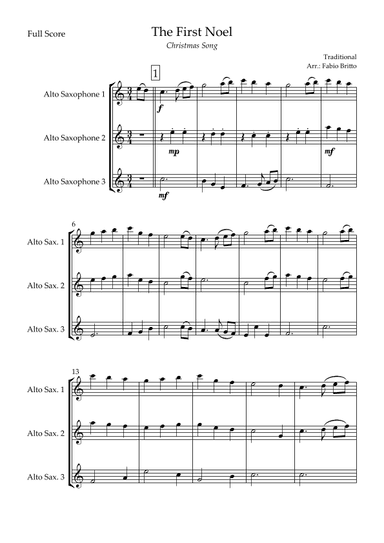 The First Noel (Christmas Song) for Alto Saxophone Trio (arr. Fabio Britto)