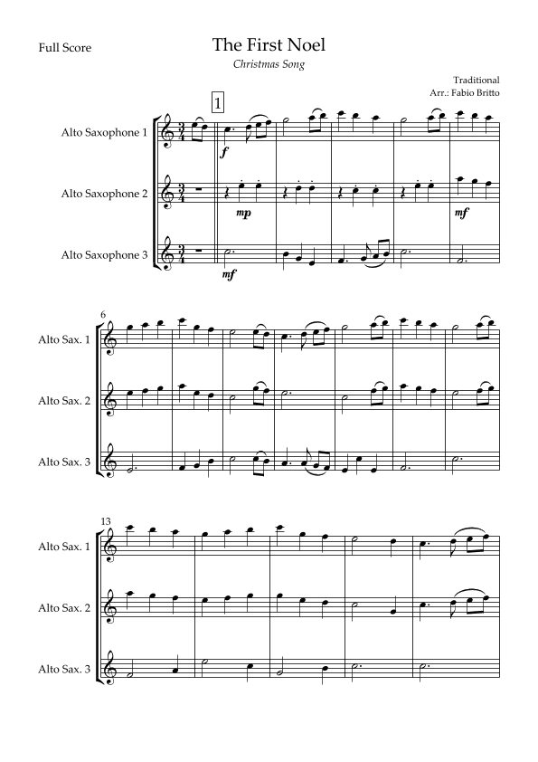 The First Noel (Christmas Song) for Alto Saxophone Trio (arr. Fabio Britto)