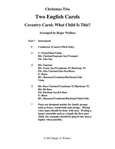 Two English Carols (Coventry Carol; What Child Is This?) - Sax Trio (arr. Roger Wallace)