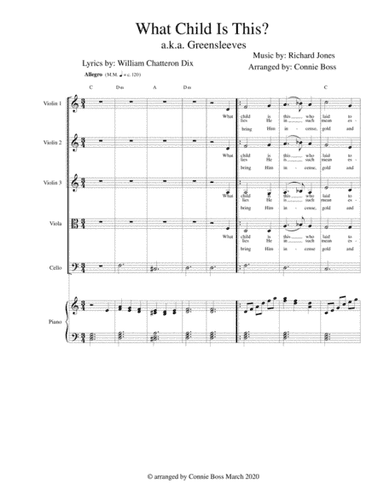 What Child is This - String quintet and piano with parts (arr. Connie Boss)