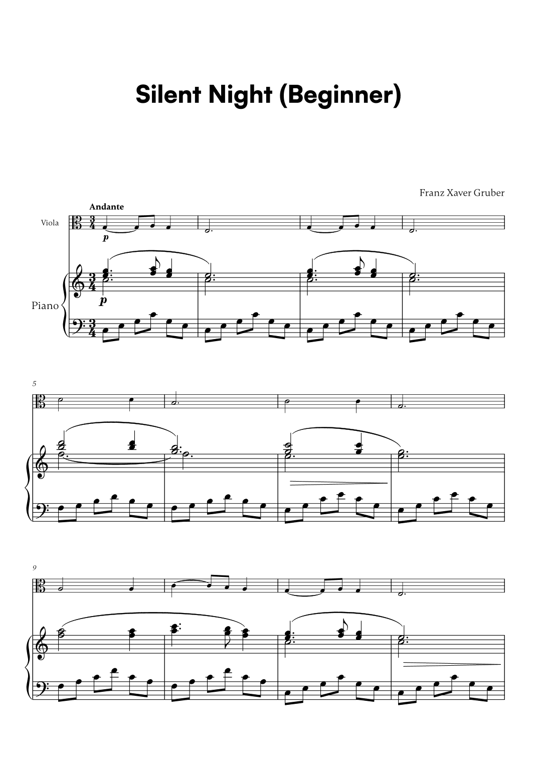 Franz Xaver Gruber - Silent Night Beginner (for Viola and Piano) (arr. Cadenza Editions)