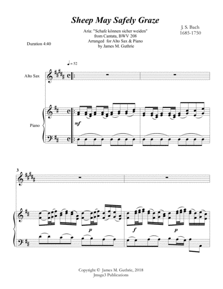 Bach: Sheep May Safely Graze for Alto Sax & Piano (arr. James M. Guthrie, ASCAP)