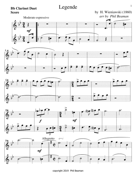 Legende-Wieniawski-Bb Clarinet duet (arr. Phil Beaman)