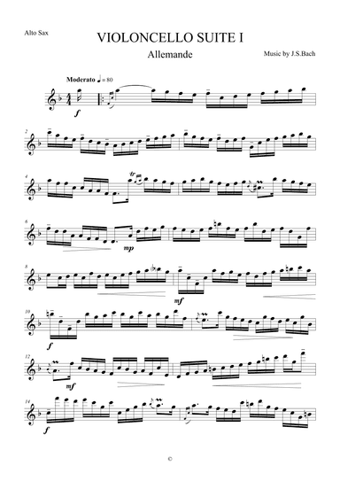 Allemande from Violoncello Suite I by J.S.Bach for Alto Saxophone (arr. The Sheet Music Library)