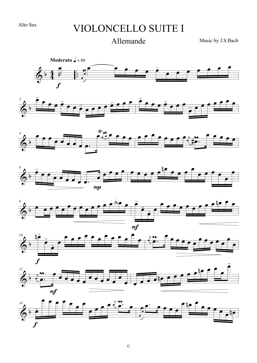 Allemande from Violoncello Suite I by J.S.Bach for Alto Saxophone (arr. The Sheet Music Library)