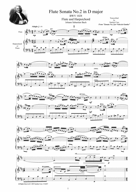 Bach - Flute Sonata No.2 in D major BWV 1028 for Flute and Harpsichord (or Piano) (arr. Santino Cara)