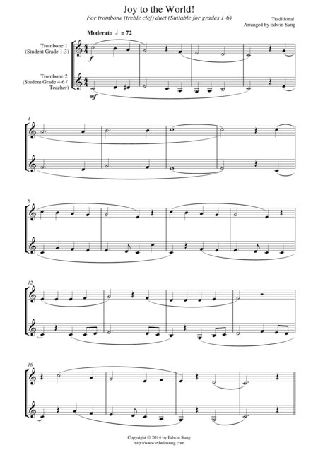 Joy to the World (for trombone duet (treble clef), suitable for grades 1-6) (arr. Edwin Sung)