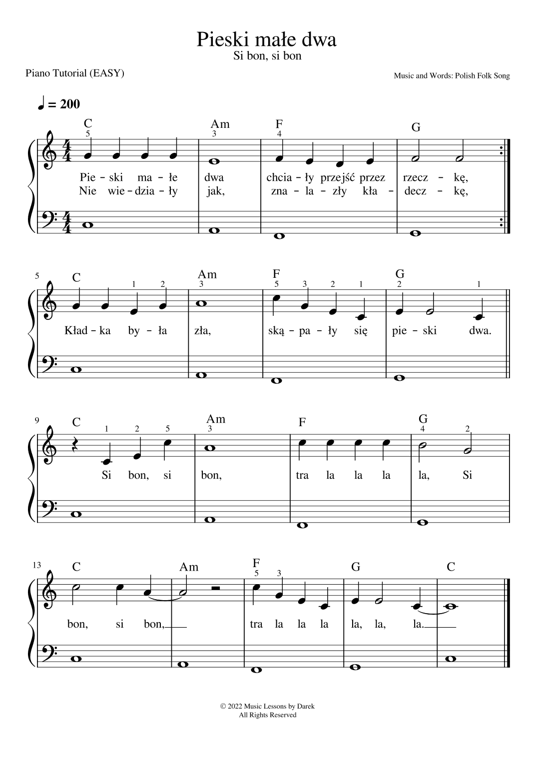 Pieski male dwa (Si bon, si bon), Polish Folk Song | Polish Version of Two Little Dogs [EASY PIANO] (arr. Darek)