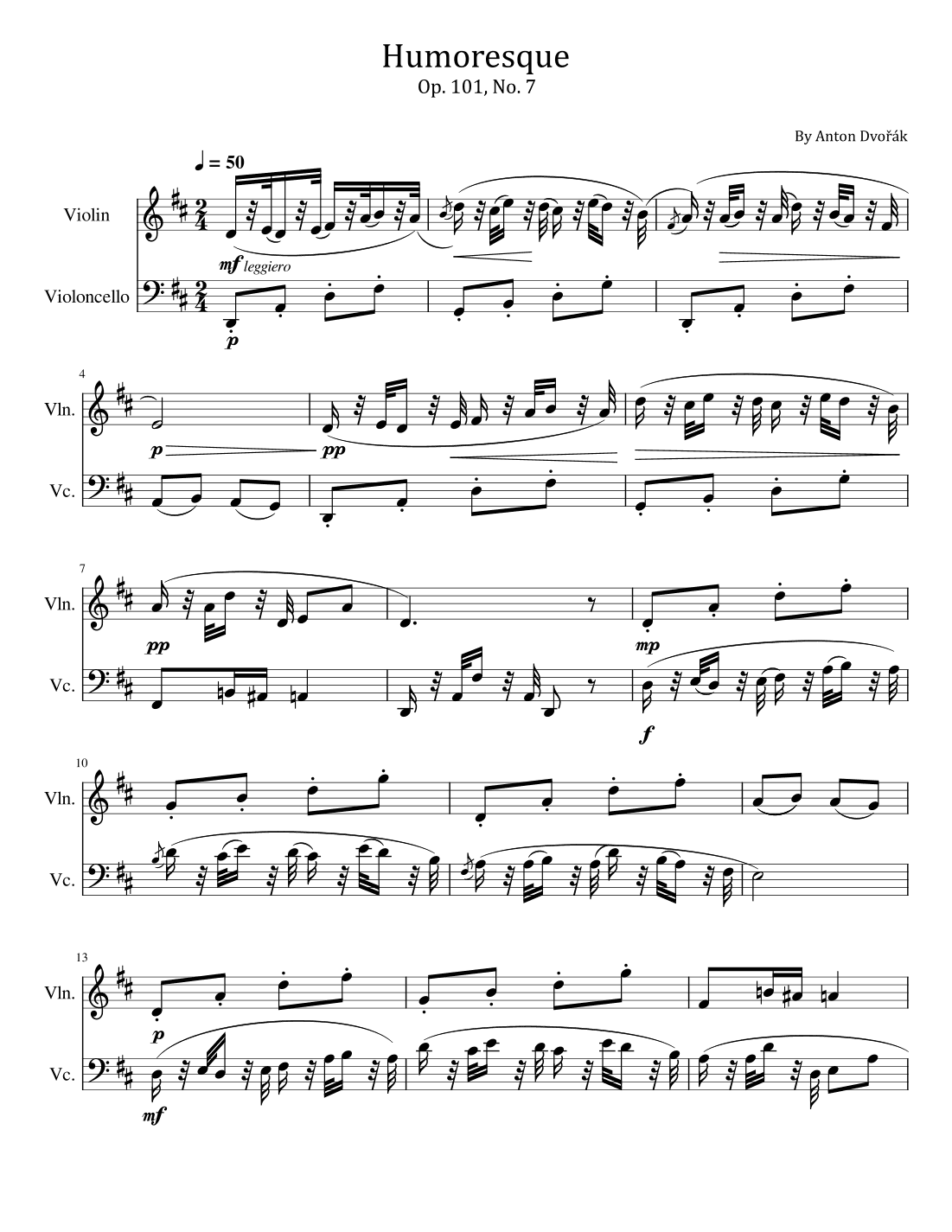 Dvorak - Humoresque - Op. 101, No. 7  - Violin and Cello Duet (arr. poon)