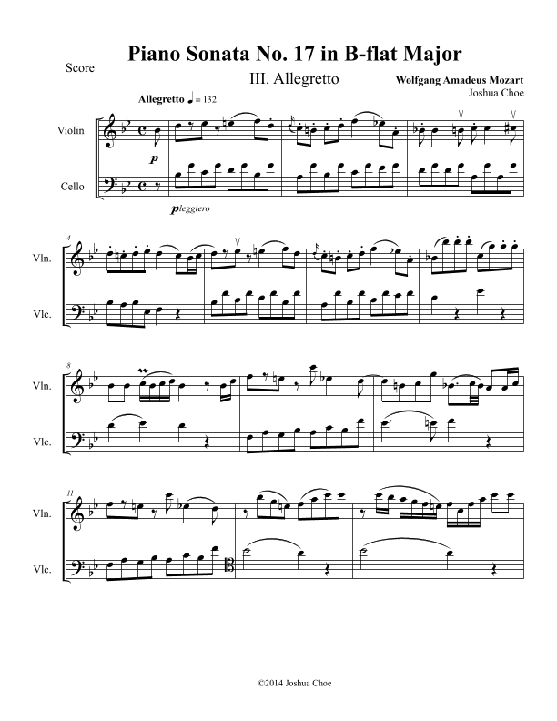 Piano Sonata No. 17 in B-Flat Major, Movement 3 (arr. Joshua Choe)