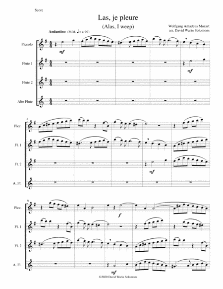 Las, je pleure (Alas, I weep) for piccolo and flute quartet (piccolo, 2 flutes, alto flute) (arr. David Warin Solomons)