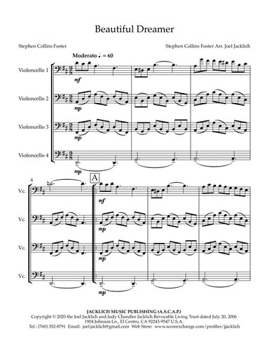 Beautiful Dreamer (arranged for cello quartet) (arr. Joel Jacklich (ASCAP))