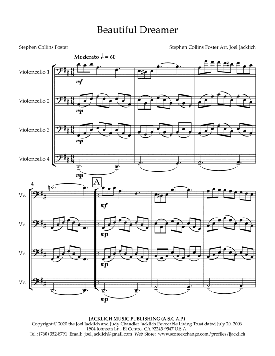 Beautiful Dreamer (arranged for cello quartet) (arr. Joel Jacklich (ASCAP))