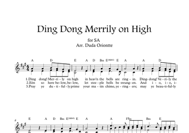 Ding Dong Merrily on High  (SA - A major - 1 staff - with chords - no piano) (arr. Duda Oriontte)