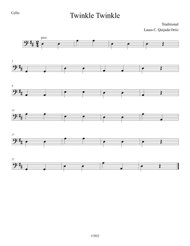 Twinkle Twinkle. Open strings and first finger. Score & parts. (arr. Laura C. Quijada Ortíz)