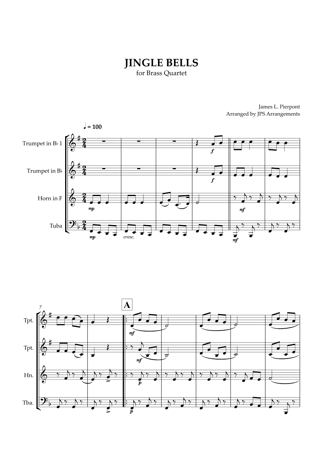 Jingle Bells for Brass Quartet in F major (arr. Jps Arrangements)