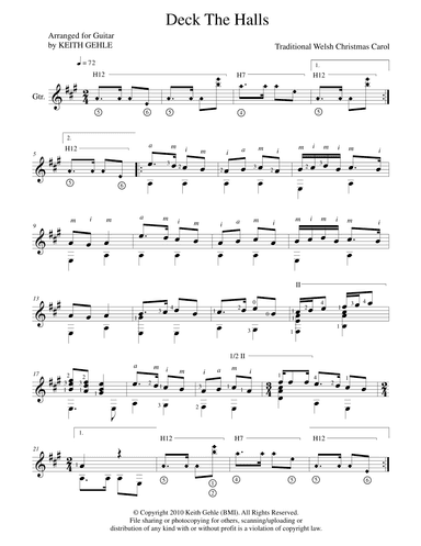 "Deck the Halls" for classical fingerstyle guitar (arr. Keith W. Gehle)