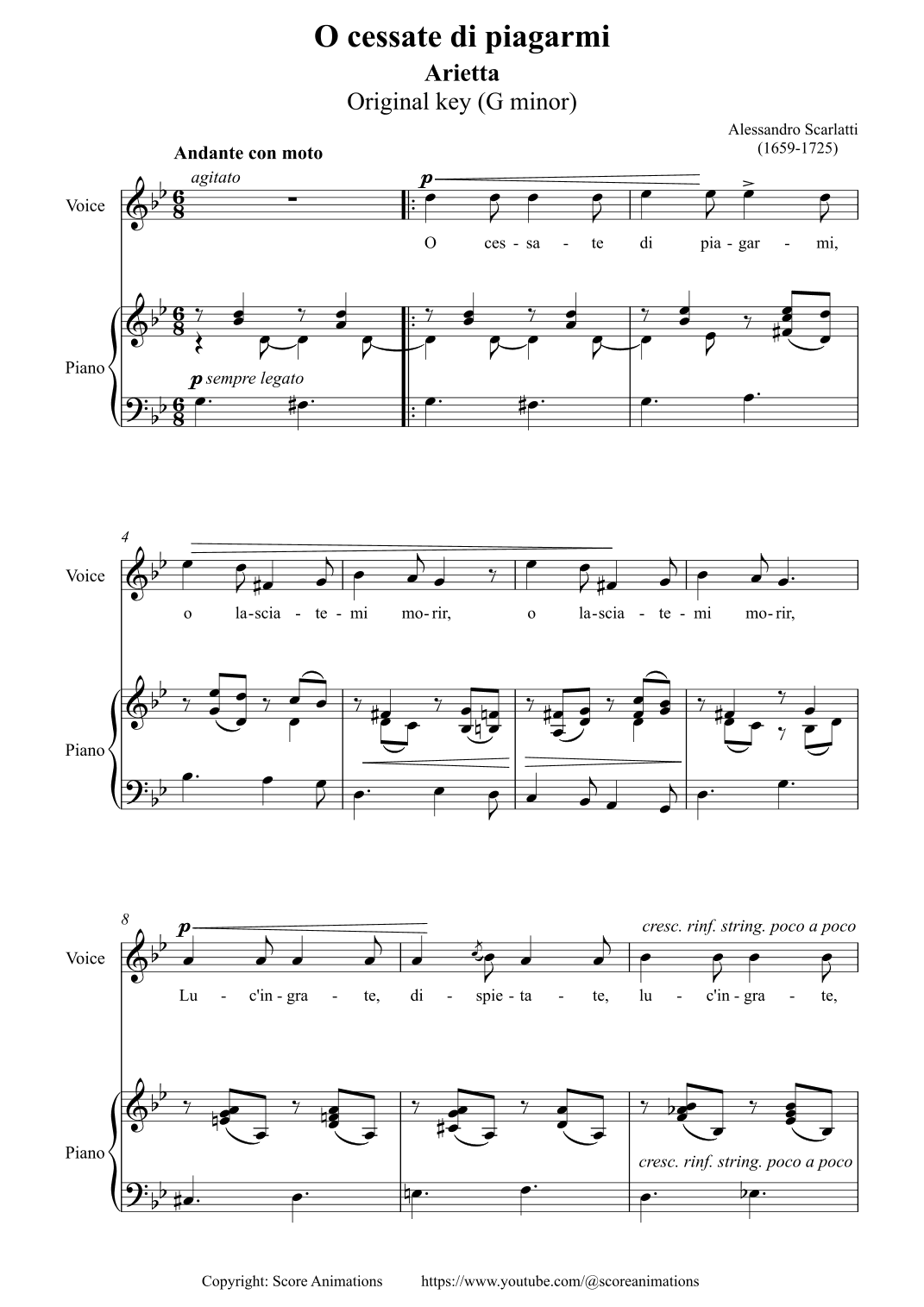“O cessate di piagarmi“ Original key G minor (arr. Score Animations)