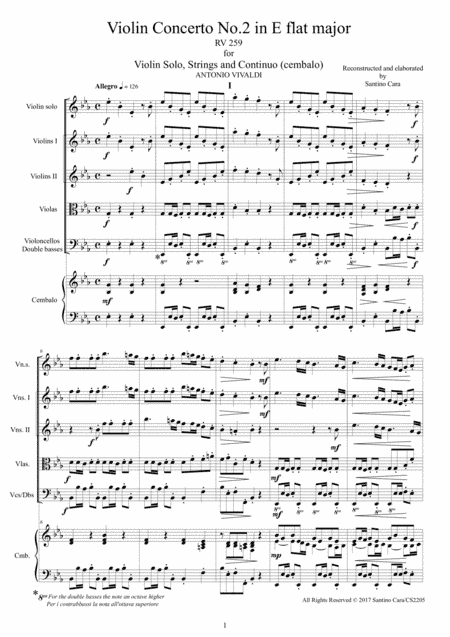 Vivaldi - Concerto No.2 in E flat RV 259 Op.6 for Violin, Strings and Continuo (arr. Santino Cara)