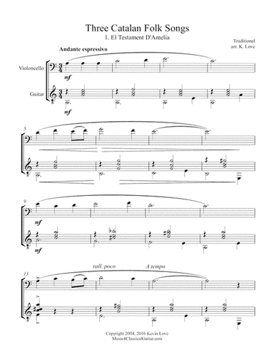 Three Catalan Folk Songs (Cello and Guitar) - Score and Parts (arr. K. Love)