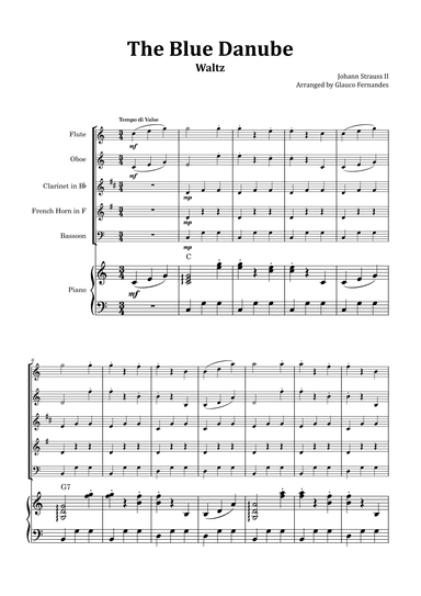 The Blue Danube - Woodwind Quintet with Piano and Chord Notations (arr. Glauco Fernandes)