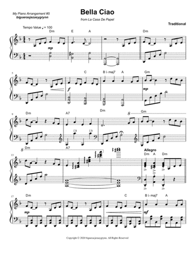 Bella Ciao (La Cassa De Papel) for Piano (arr. Jeza Sygrynn Bigueras)