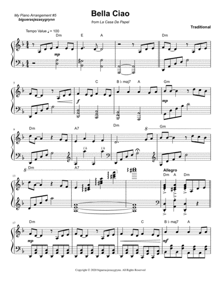 Bella Ciao (La Cassa De Papel) for Piano (arr. Jeza Sygrynn Bigueras)
