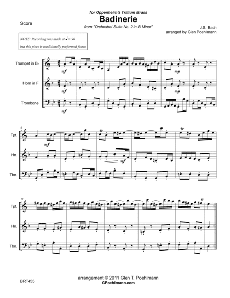 BADINERIE - BRASS TRIO (unaccompanied) from J.S. Bach's Orchestral Suite #2 in B minor (arr. Glen Poehlmann)