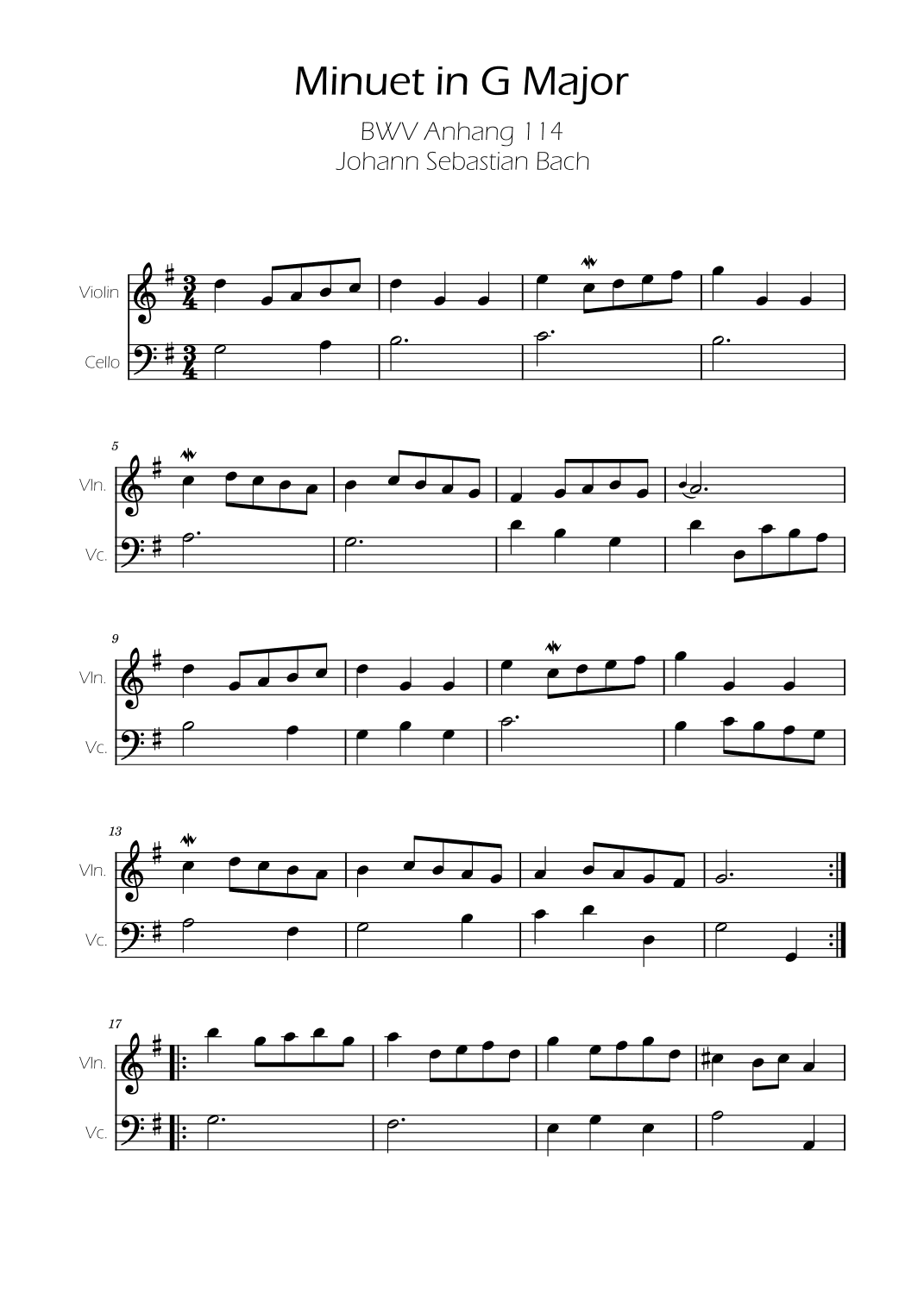 Minuet in G major BWV Anh. 114 - Bach - Violin and Cello (arr. Ygor Nunes)