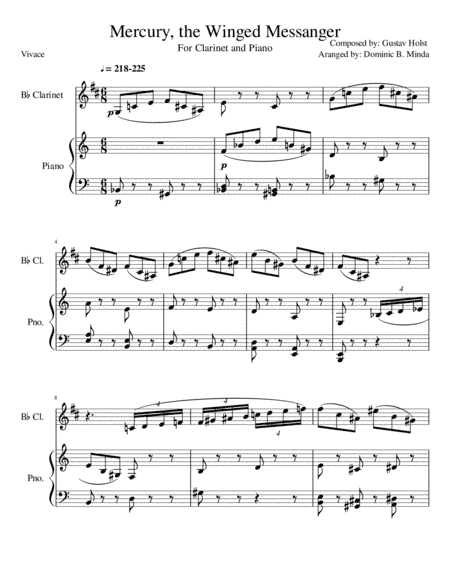 Mercury from "the planets" for clarinet and piano. (arr. Dominic B. Minda)