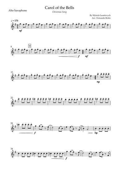 Carol of the Bells in Jazz Version (Christmas Song) for Alto Saxophone Solo (arr. Fabio Britto)