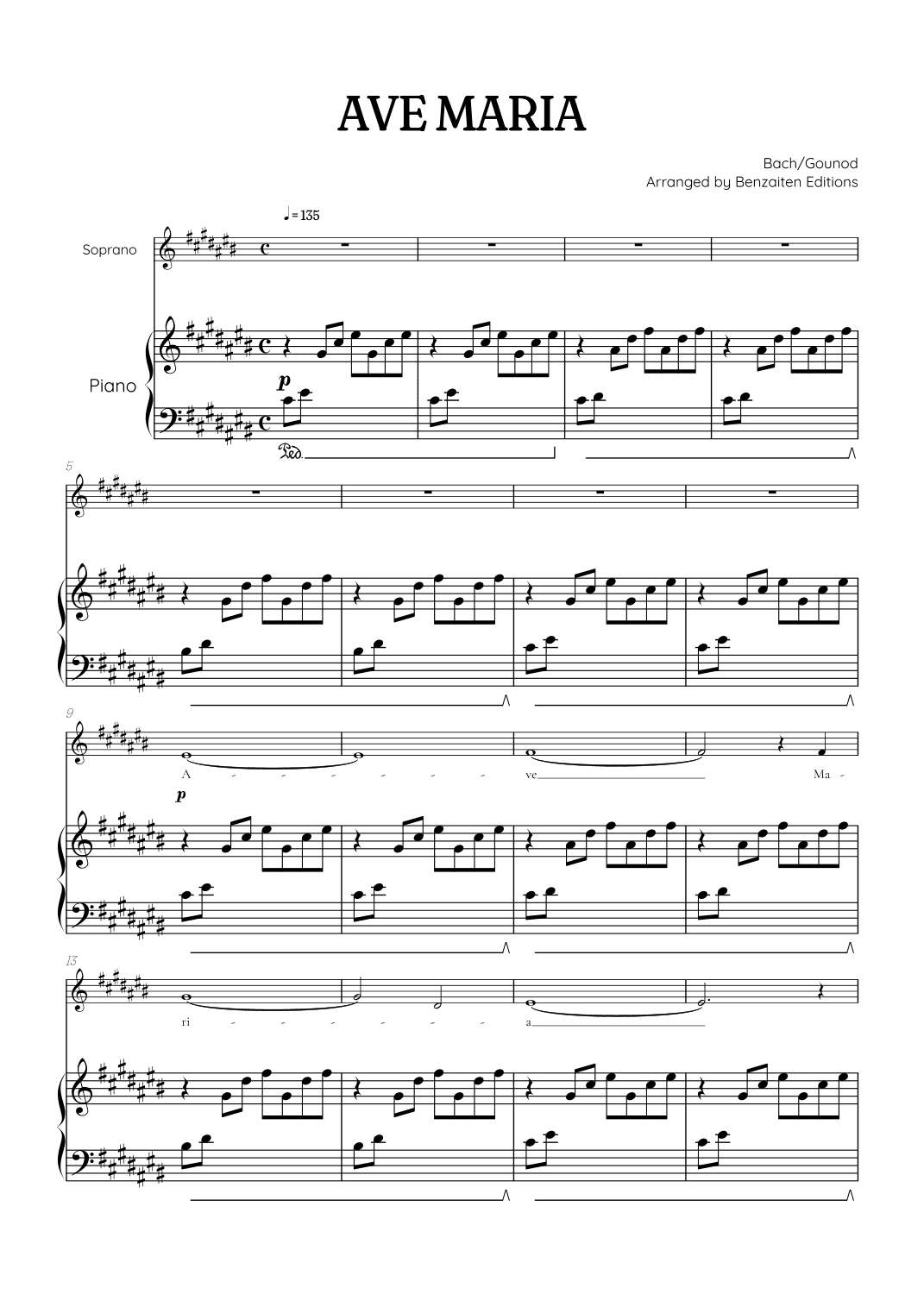 Bach / Gounod Ave Maria in C sharp major [C#] • soprano sheet music with piano accompaniment (arr. Benzaiten Editions)