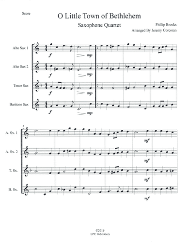 O Little Town of Bethlehem for Saxophone Quartet (SATB or AATB) (arr. Jeremy Corcoran)