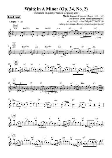 Chopin (Frederic) - Waltz in Am (Op. 34 No. 2) - simplified lead sheets for piano(/violin/flute/clar (arr. Andrei-Lucian Dragoi)