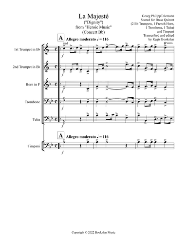 La Majeste (from "Heroic Music") (Bb) (Brass Quintet - 2 Trp, 1 Hrn, 1 Trb, 1 Tuba), Timp) (arr. Regis Bookshar)