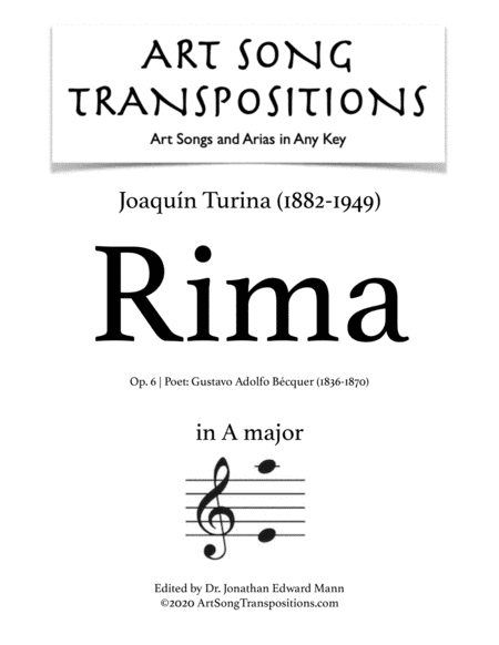 TURINA: Rima, Op. 6 (transposed to A major) (arr. ArtSongTranspositions.com)