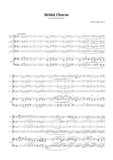 Bridal Chorus by Wagner for Recorder Quartet and Piano with Chords (arr. Langanho)