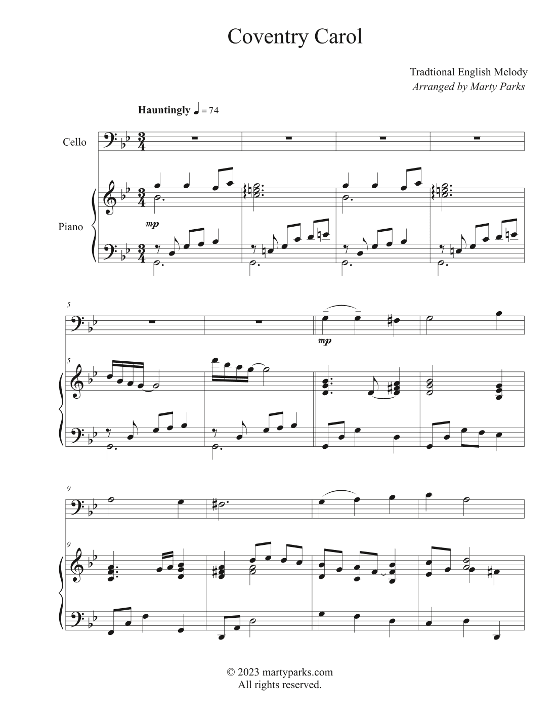 Coventry Carol (Cello-Piano) (arr. Marty Parks)