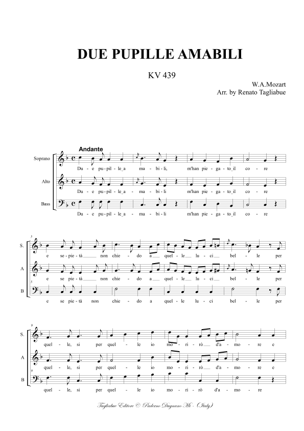 DUE PUPILLE AMABILI - KV 439 -  For SAB Choir (arr. Renato Tagliabue)