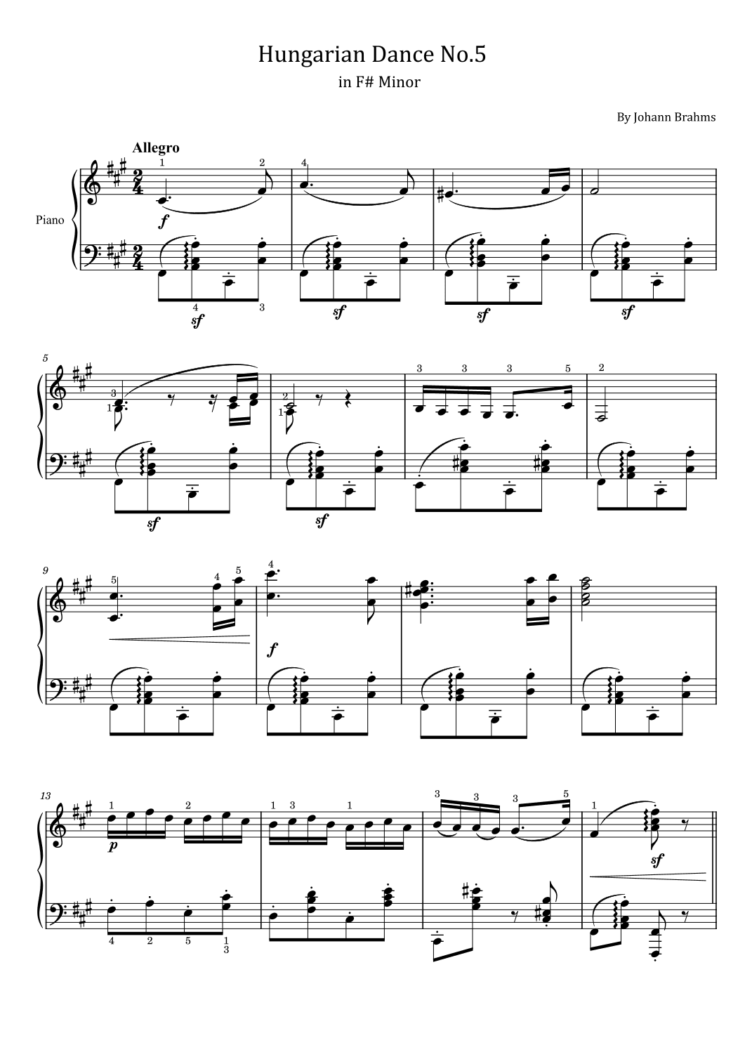 Brahms - Hungarian Dance No.5 - in F# Minor - Original With Fingered - For Piano Solo (arr. poon)