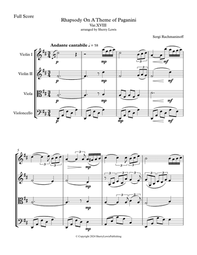RHAPSODY ON A THEME OF PAGANINI String Quartet, Intermediate Level for 2 violins, viola and cello (arr. Sherry Lewis)