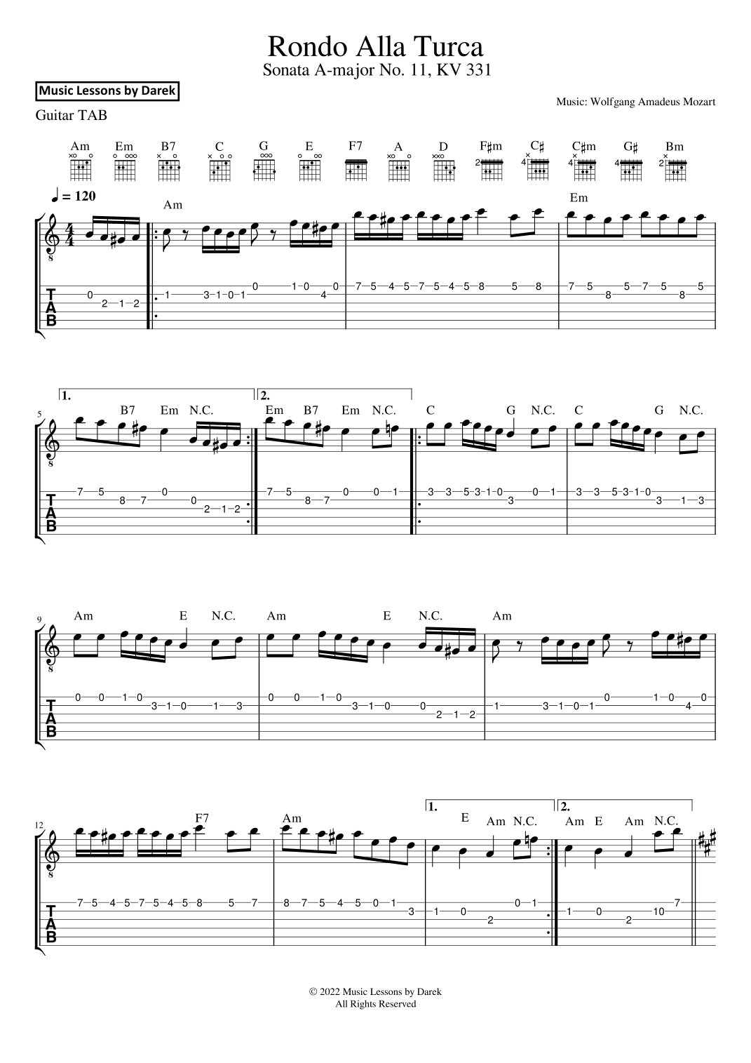 Rondo Alla Turca (GUITAR TAB) Sonata A-major No. 11, KV 331 [Wolfgang Amadeus Mozart] FULL SONG! (arr. Darek)