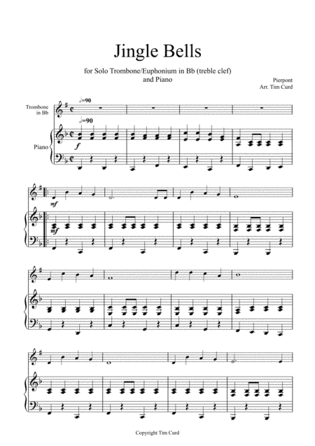 Jingle Bells for Solo Trombone/Euphonium (treble clef) in Bb and Piano (arr. Tim Curd)