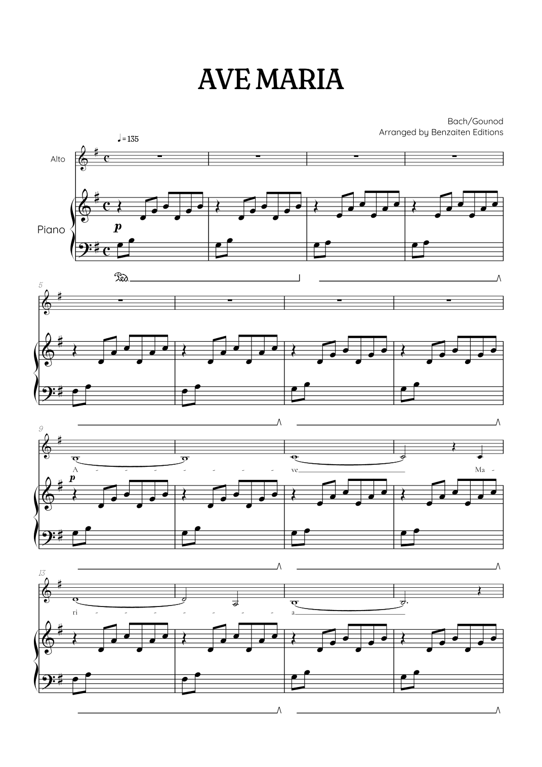 Bach / Gounod Ave Maria in G major • contralto sheet music with piano accompaniment (arr. Benzaiten Editions)