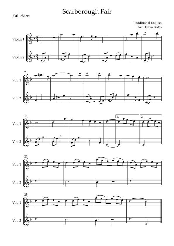 Scarborough Fair for Violin Duo (arr. Fabio Britto)