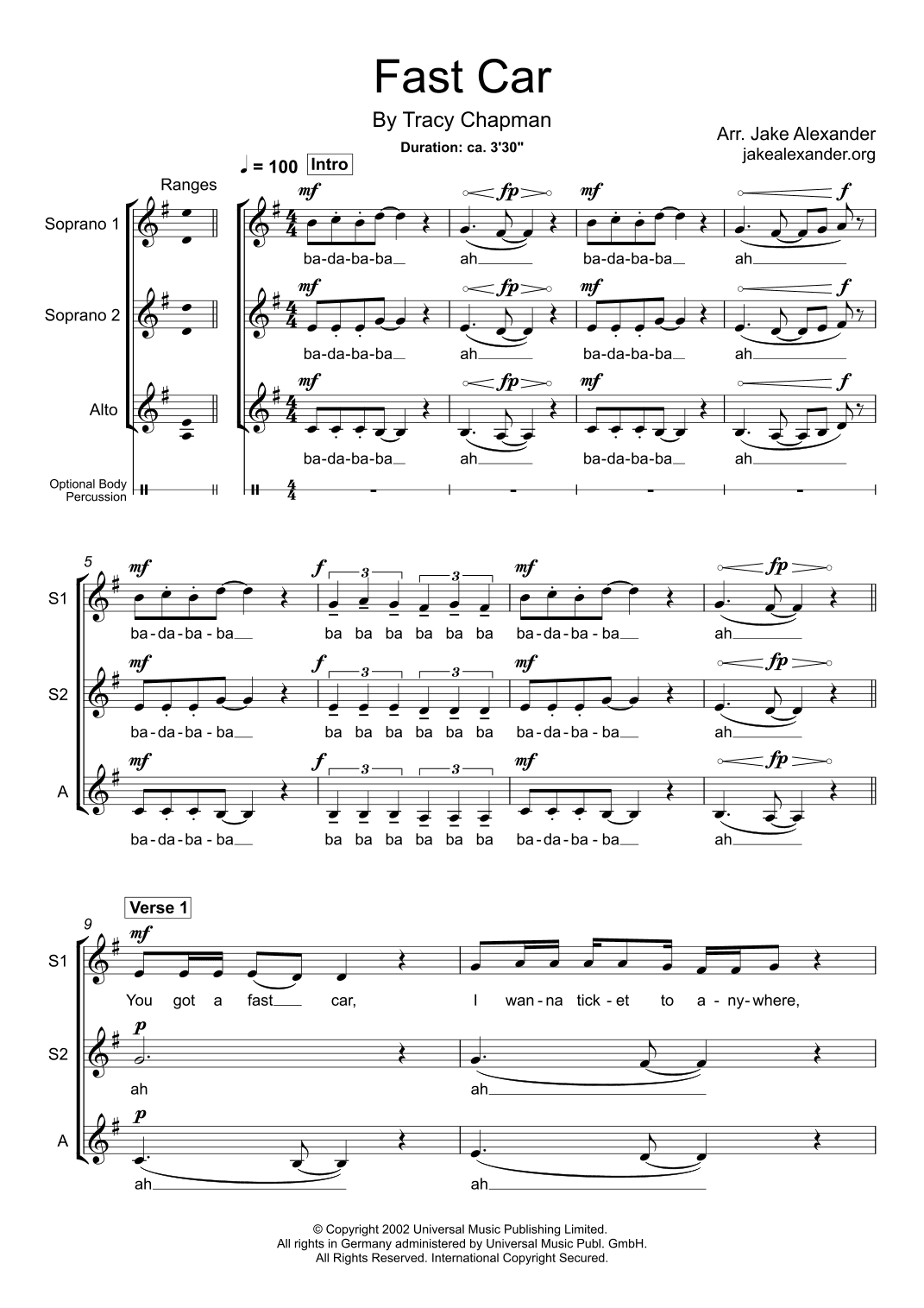 Fast Car (arr. Jake Alexander)